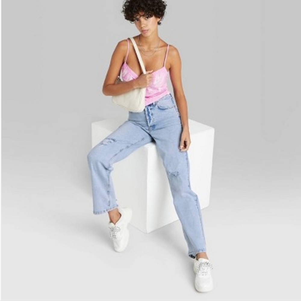 15.Women's Super-High Rise Distressed Straight Jeans - Wild Fable Light Wash
